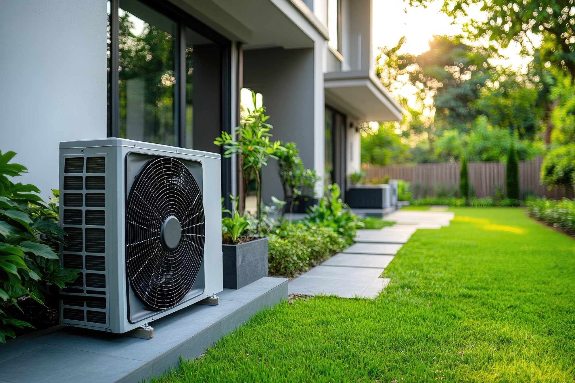 Tepelné čerpadlo u moderního domu